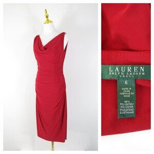 Lauren Ralph Lauren Solid Red Cowl Fitted Sleeveless Sheath Dress Size 6 Formal